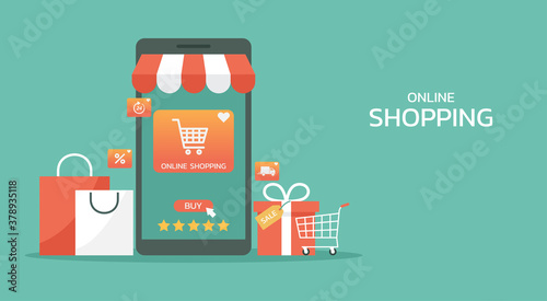 online shopping concept on mobile application, e-commerce and digital marketing promotions on smartphone with shopping bag and gift box, web and banner, vector flat illustration