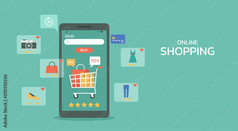 smartphone application with cart, shopping bag, and icon for online shopping concept, web and banner, vector flat illustration smartphone application with cart, shopping bag, and icon for online shopping concept, web and banner, vector flat illustration