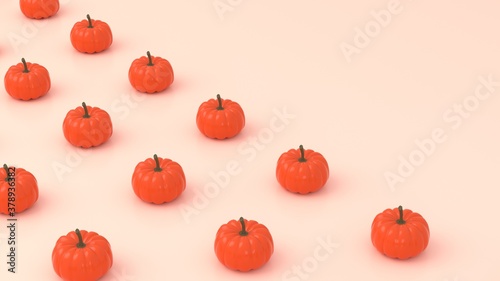Modern pumpkins pattern isolated on pastel yellow background with Halloween pumpkin with copy space for text. Halloween concept. 3d rendering.