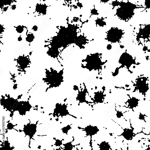 Vector black and white seamless pattern with ink splash  blot and brush stroke spot spray smudge  spatter  splatter  drip  drop  ink smudge smears Grunge textured elements design background.