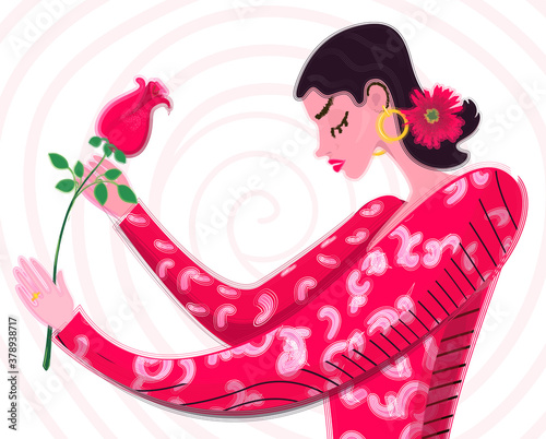 A beautiful woman of Argentine appearance is holding a rose flower with spikes in her hands. A symbol of beauty, tenderness and female power. Vector feminist illustration.