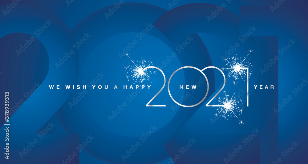 Naklejka Życzymy Szczęśliwego Nowego Roku 2021 srebrny nowoczesny design lśniące światło typografia blask fajerwerki numery niebieska kartka z życzeniami