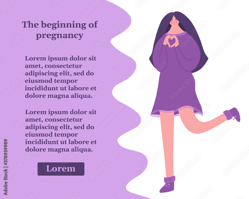 The beginning of pregnancy. Happy woman found out about pregnancy. Vector illustration with place for your text. The beginning of pregnancy. Happy woman found out about pregnancy. Vector illustration with place for your text.