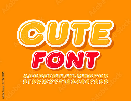 Vector Cute Font. Yellow Alphabet set for Children. Modern Uppercase Letters and Numbers