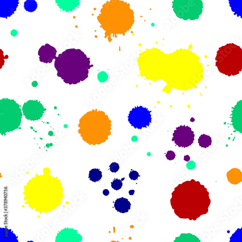Vector colorful seamless pattern with ink splash, blot and brush stroke spot spray smudge, spatter, splatter, drip, drop, ink smudge smears Grunge textured elements design background, rainbow color