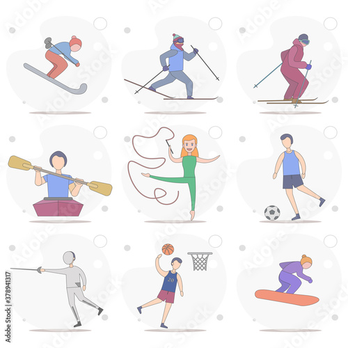 sports man, with basketball player, pole vault, ski man, water skiing vector flat illustration on white background