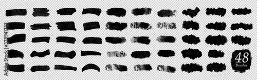 Brush strokes, black ink lines, vector abstract set with paint brush grunge texture on transparency background. Paintbrush strokes and ink smear stains