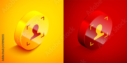 Isometric Face recognition icon isolated on orange and red background. Face identification scanner icon. Facial id. Cyber security concept. Circle button. Vector.