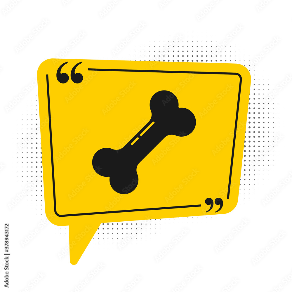 Black Dog bone icon isolated on white background. Pets food symbol. Yellow speech bubble symbol. Vector. Black Dog bone icon isolated on white background. Pets food symbol. Yellow speech bubble symbol. Vector.