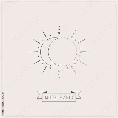 Moon magic. Abstract Boho Moon or star. Thin line style. Minimalistic outline Icon. Logo template. Trendy Vector illustration. Astrology, esoteric, alchemy concept. Icon is isolated on gray background