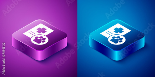 Isometric Clipboard with medical clinical record pet icon isolated on blue and purple background. Health insurance form. Medical check marks report. Square button. Vector.