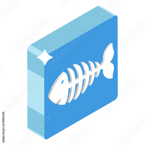 
Marine fossils inside preserved case, fish skeleton icon in isometric style 
