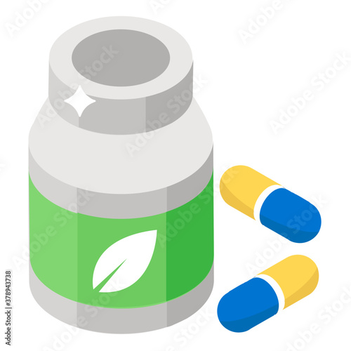 
Leaf on bottle with capsules showcasing herbal medicine 

