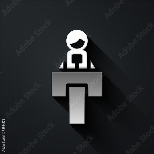 Silver Stage stand or debate podium rostrum icon isolated on black background. Conference speech tribune. Long shadow style. Vector.