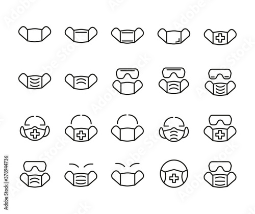 Set of Outline Vector Icons Related With Mask, medical prevention. Modern Style, Premium Quality.