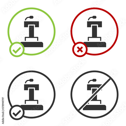 Black Stage stand or debate podium rostrum icon isolated on white background. Conference speech tribune. Circle button. Vector.
