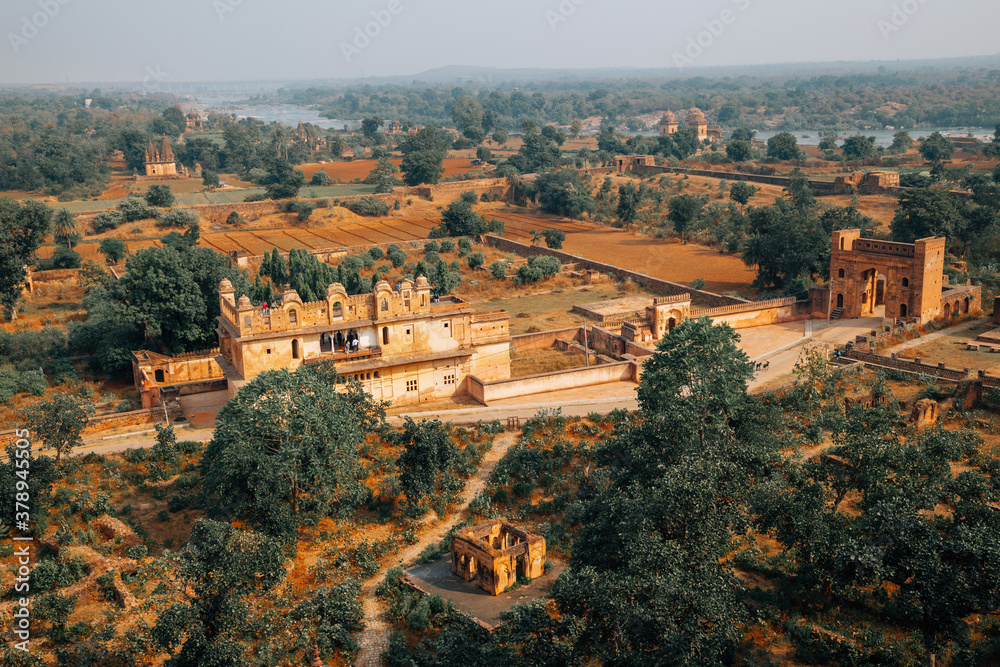 Panoramic view of Orchha Fort Rai Parveen Mahal ancient ruins and nature landscape in Orchha, India