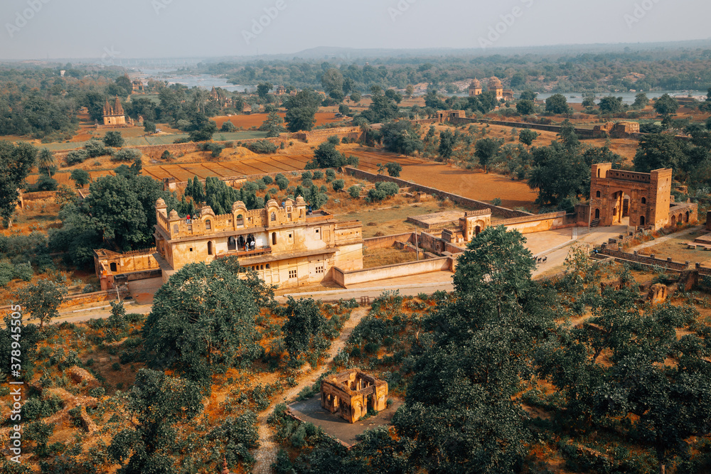 Panoramic view of Orchha Fort Rai Parveen Mahal ancient ruins and nature landscape in Orchha, India Panoramic view of Orchha Fort Rai Parveen Mahal ancient ruins and nature landscape in Orchha, India
