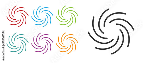 Black Tornado icon isolated on white background. Cyclone, whirlwind, storm funnel, hurricane wind or twister weather icon. Set icons colorful. Vector.