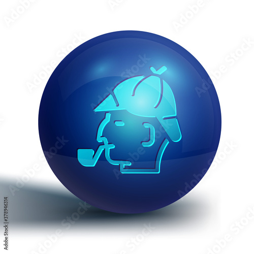 Blue Sherlock Holmes with smoking pipe icon isolated on white background. Detective. Blue circle button. Vector.