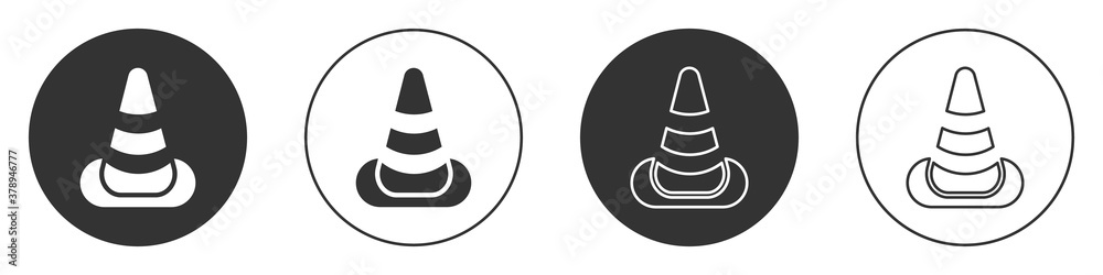 Black Traffic cone icon isolated on white background. Circle button. Vector. Black Traffic cone icon isolated on white background. Circle button. Vector.