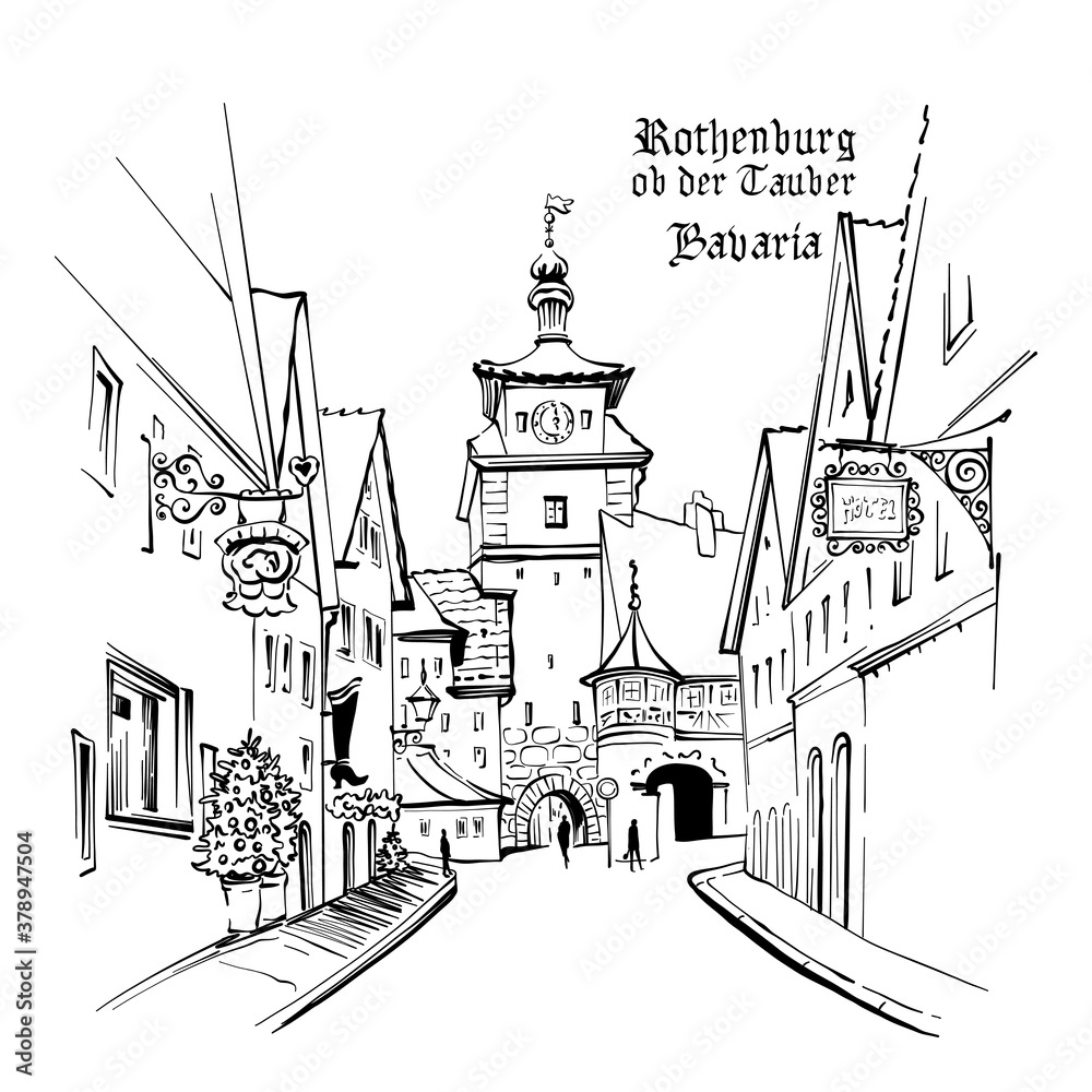 Vector sketch of White tower or Weisser Turm in medieval old town of Rothenburg ob der Tauber, Bavaria