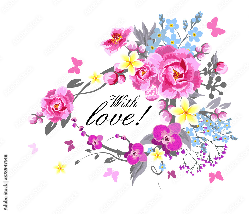 Beautiful floral frame with different flowers. Vector illustration