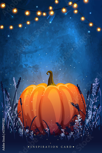 Autumn poster with holiday bulbs and pumpkins for party, halloween or festival