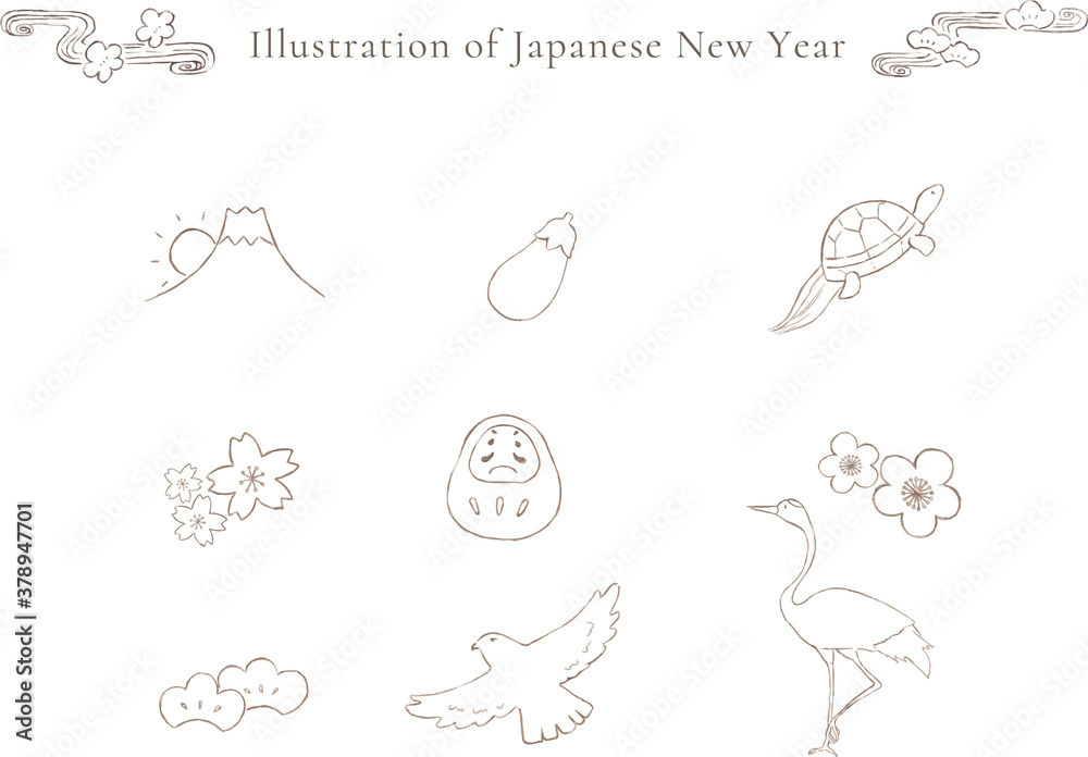 お正月の線画イラストセット