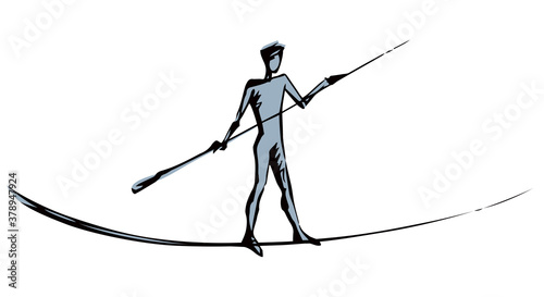 A man is walking on a tightrope. Vector drawing