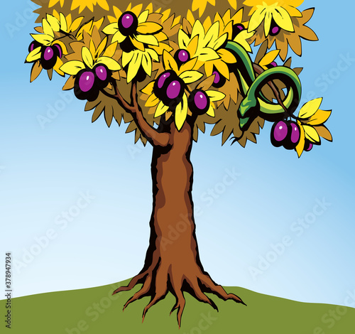 Serpent on the tree. Knowledge of good and evil. Vector drawing