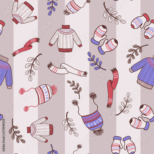 eamless pattern with warm knits, sweater, hat, mittens and scarf