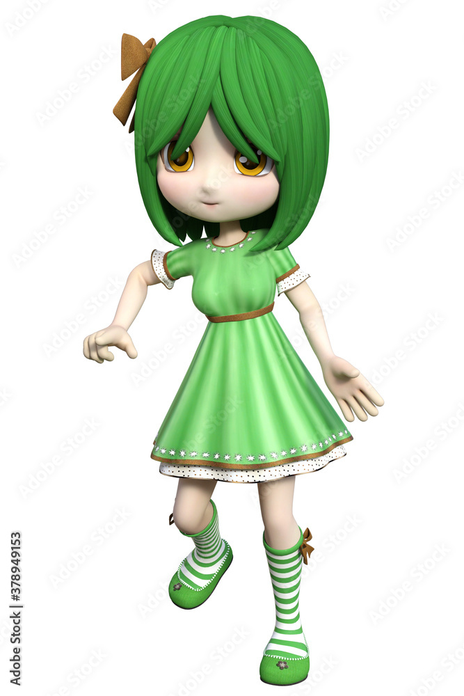 3d Illustration of a cute little toon girl doll dressed in a green outfit and posing against a white background. 3d Illustration of a cute little toon girl doll dressed in a green outfit and posing against a white background.