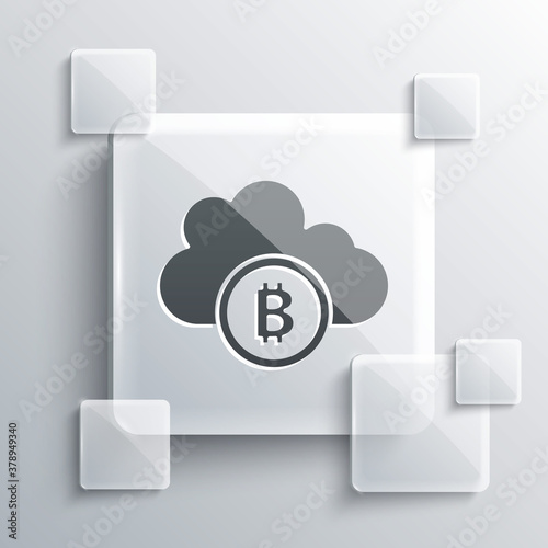 Grey Cryptocurrency cloud mining icon isolated on grey background. Blockchain technology, bitcoin, digital money market, cryptocoin wallet. Square glass panels. Vector.