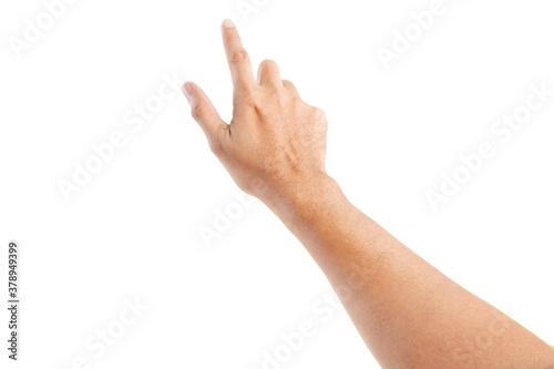 Male asian hand gestures isolated over the white background. POINTING POSE. © aekkorn