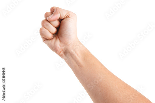 Male asian hand gestures isolated over the white background. FIST POSE.