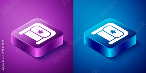 Isometric Ushanka icon isolated on blue and purple background. Russian fur winter hat ushanka with star. Soviet Union uniform of KGB and NKVD. Square button. Vector.