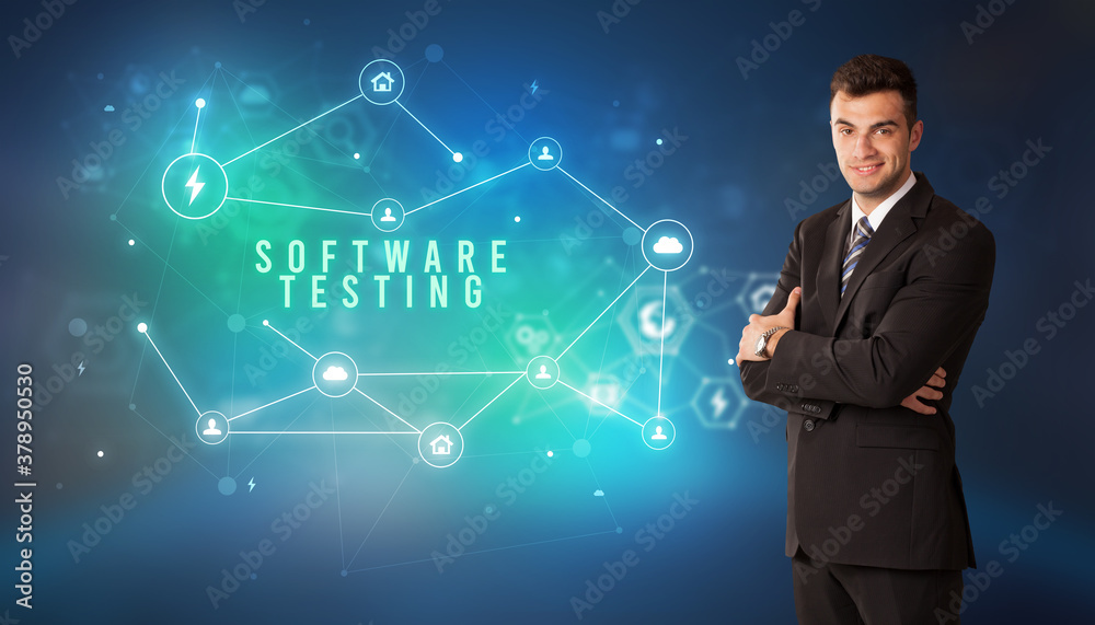 Businessman in front of cloud service icons with SOFTWARE TESTING inscription, modern technology concept Businessman in front of cloud service icons with SOFTWARE TESTING inscription, modern technology concept