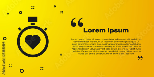 Black Heart in the center stopwatch icon isolated on yellow background. Valentines day. Vector.