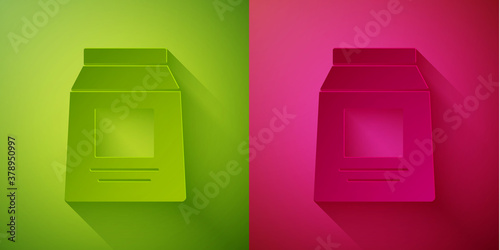 Paper cut Sports nutrition bodybuilding proteine power drink and food icon isolated on green and pink background. Paper art style. Vector.