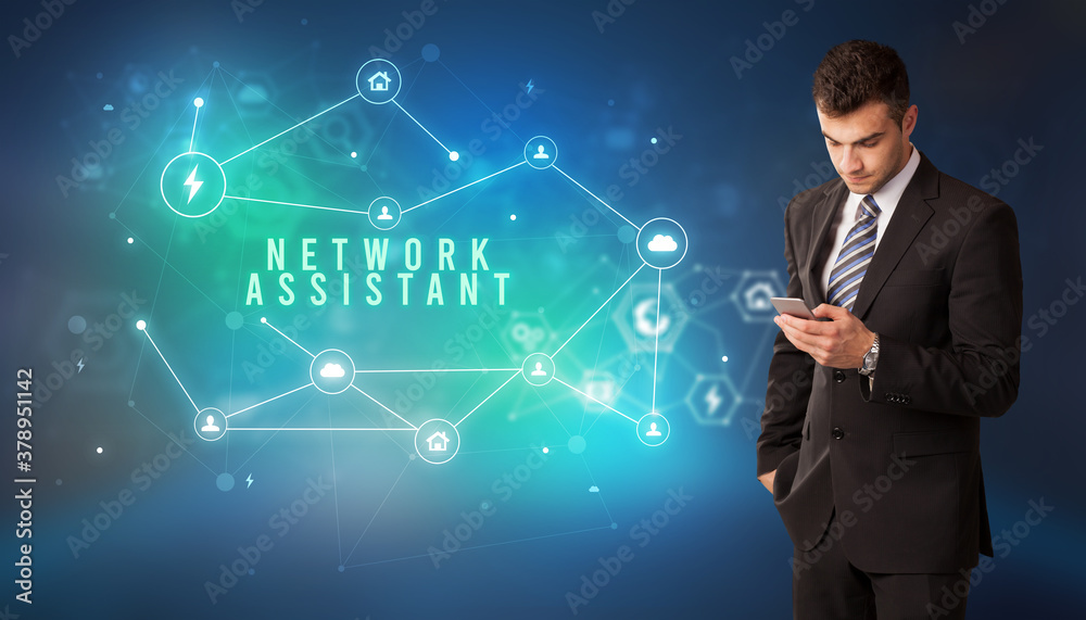 Businessman in front of cloud service icons with NETWORK ASSISTANT inscription, modern technology concept Businessman in front of cloud service icons with NETWORK ASSISTANT inscription, modern technology concept