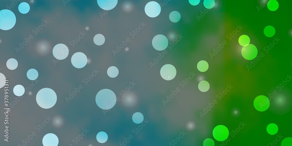 Light Blue, Green vector backdrop with circles, stars. Illustration with set of colorful abstract spheres, stars. Design for posters, banners.