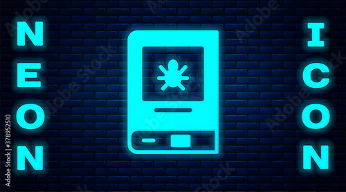 Glowing neon Book about insect icon isolated on brick wall background. Vector.