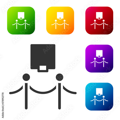 Black Picture frame and rope barrier icon isolated on white background. Exhibit protection. Museum gallery interior. Set icons in color square buttons. Vector.