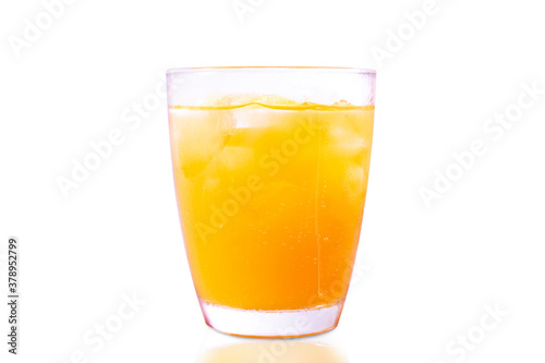 Freshly squeezed orange juice with ice. Juice in a glass isolate on white background with clipping path