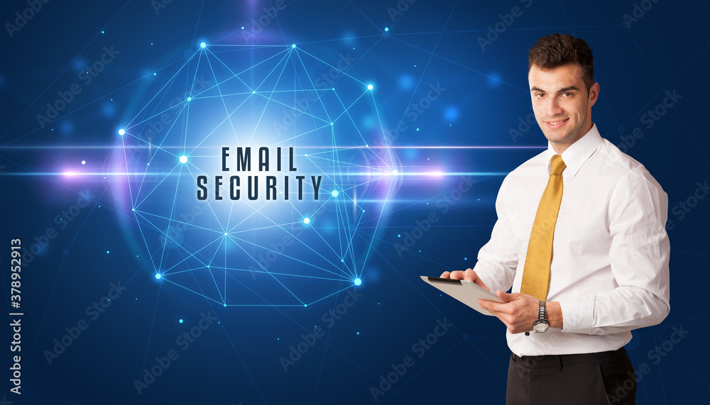 Businessman thinking about security solutions with EMAIL SECURITY inscription Businessman thinking about security solutions with EMAIL SECURITY inscription