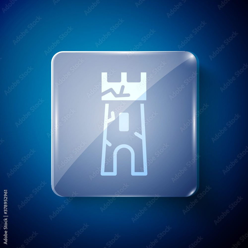 White Castle tower icon isolated on blue background. Fortress sign. Square glass panels. Vector. White Castle tower icon isolated on blue background. Fortress sign. Square glass panels. Vector.