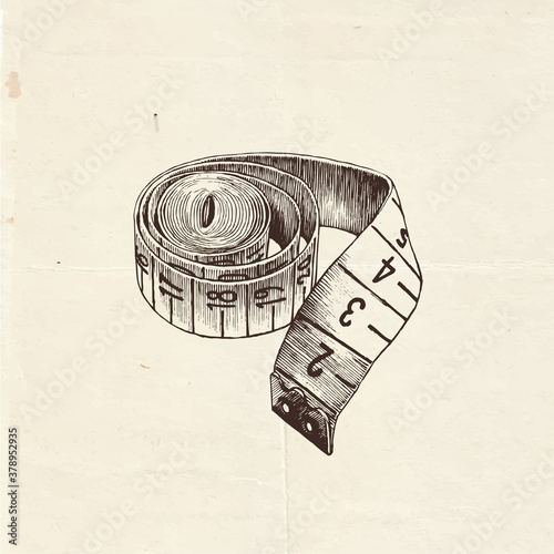 Vintage drawing of measuring tape, hand craft tool, sewing supply illustration