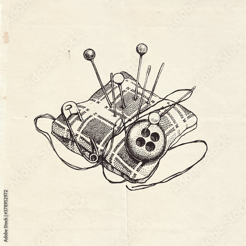 Vintage drawing of a little needle cushion, with needles and pins, hand drawn illustration