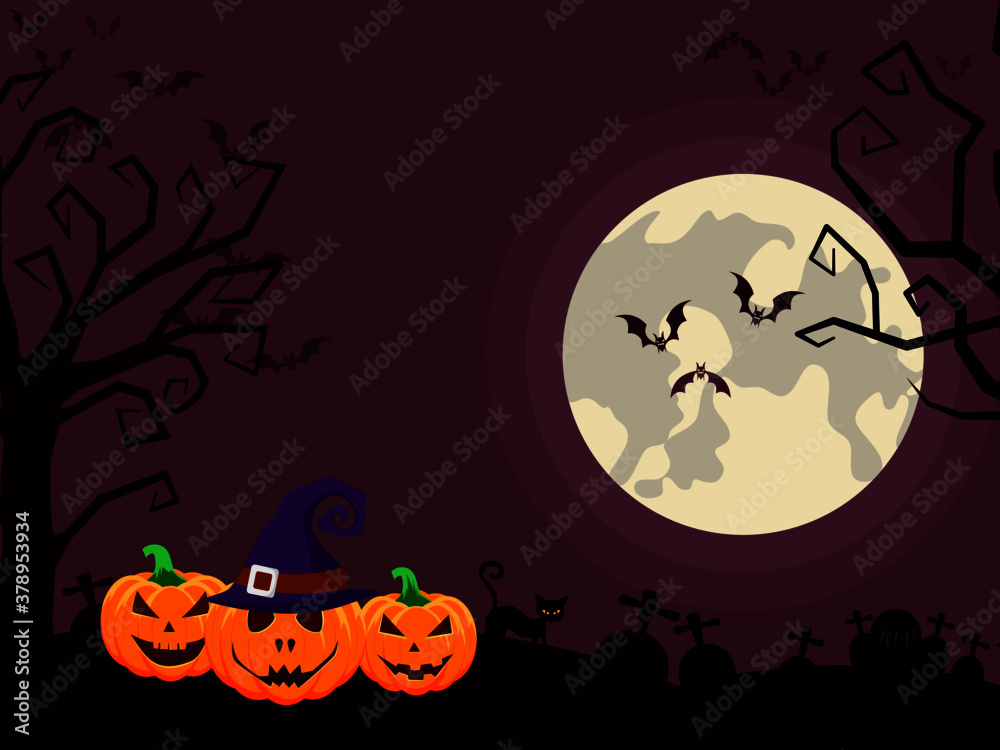 Halloween Banner with Orange Pumpkin and black cat. Full Moon Night in Forest